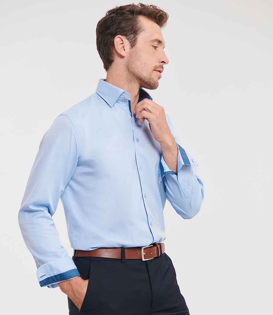 Russell Russell Athletic Collection Long Sleeve Contrast Herringbone Shirt Light Blue/Mid Blue