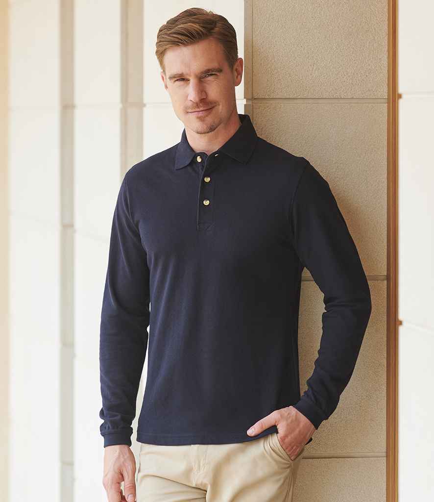 Henbury Henbury Long Sleeve Cotton Piqué Polo Shirt Navy