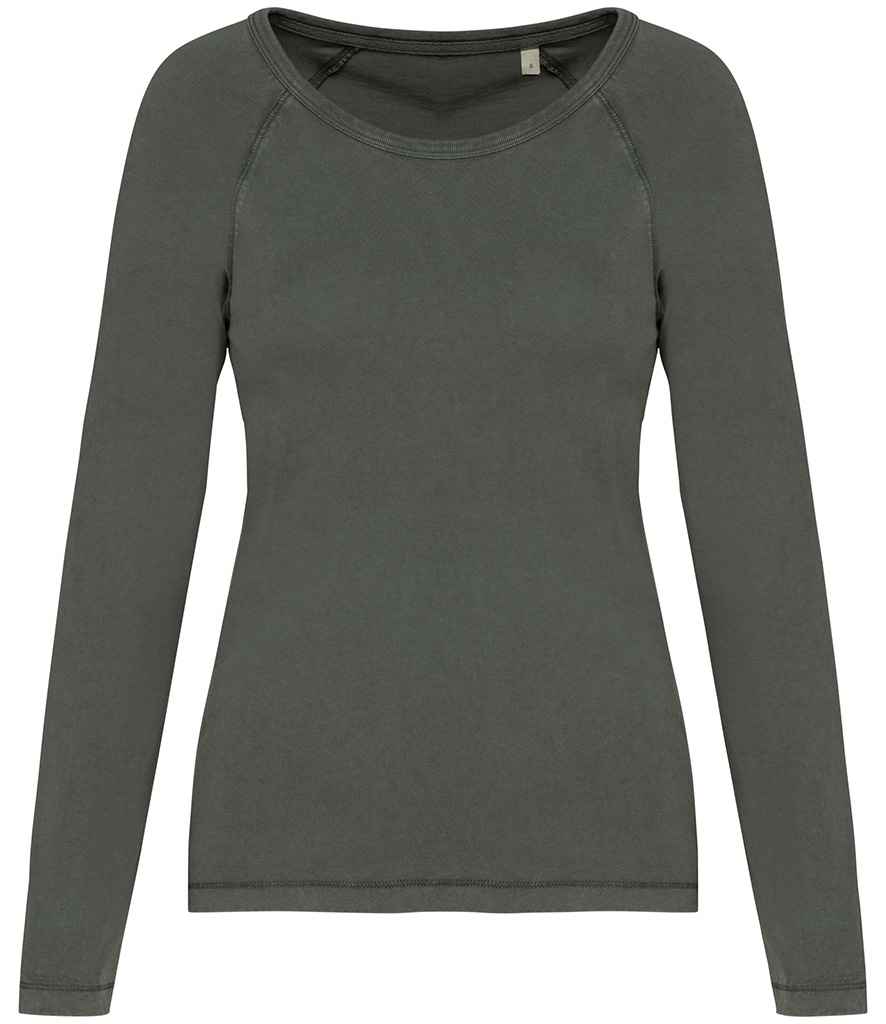 Native Spirit Ladies Raglan Long Sleeve Washed T-Shirt - Washed Organic Khaki