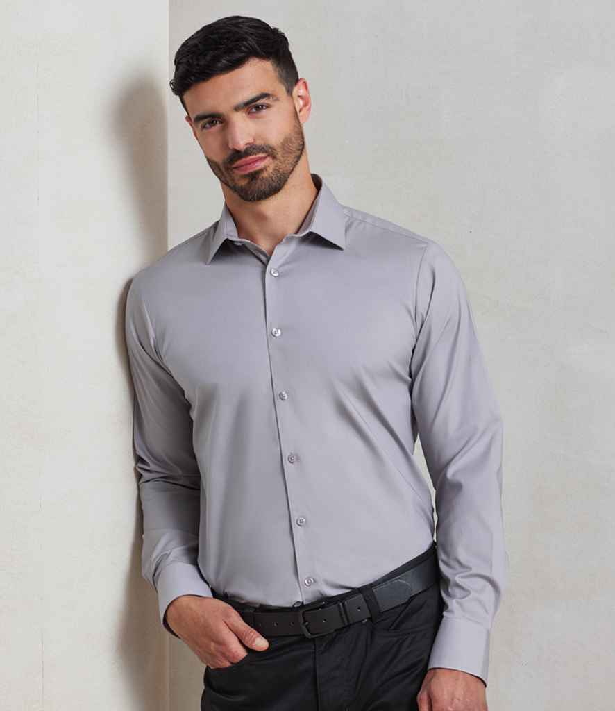 Premier Premier Long Sleeve Stretch Fit Poplin Shirt Silver