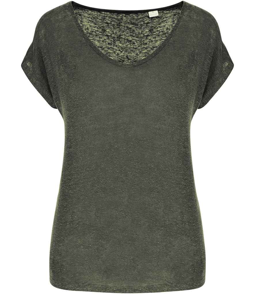 Spasso Ladies V Neck Linen T-Shirt - Organic Khaki