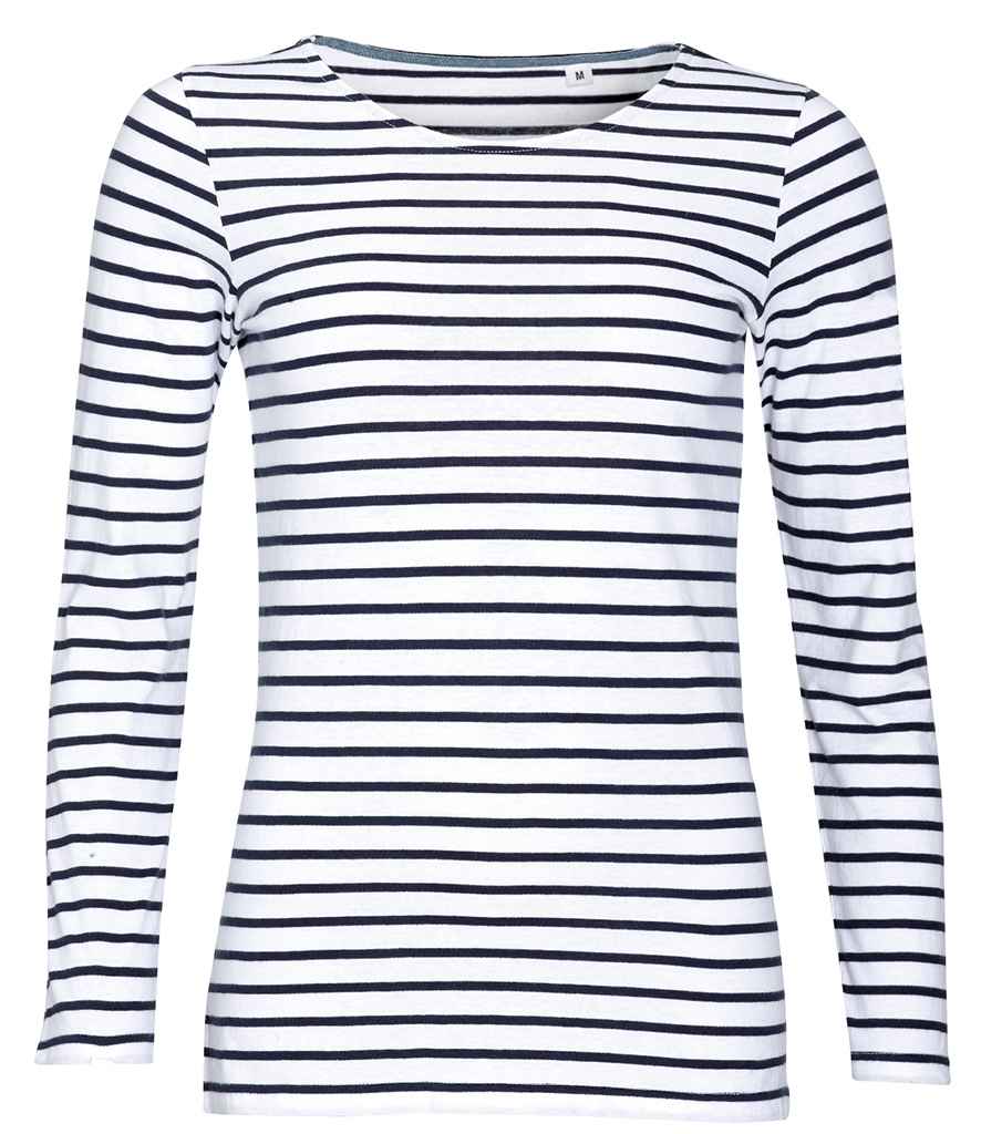 SOL'S Ladies Marine Long Sleeve Striped T-Shirt in White/Navy