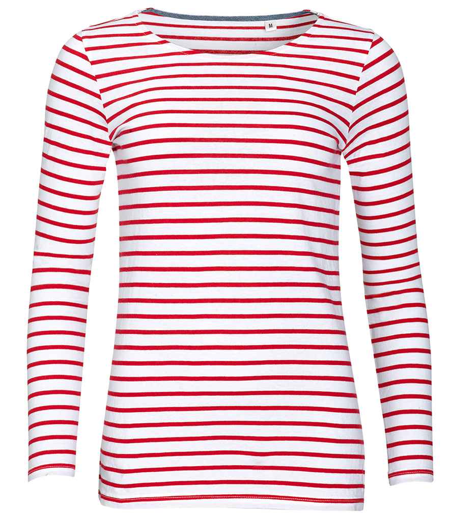 SOL'S Ladies Marine Long Sleeve Striped T-Shirt in White/Red