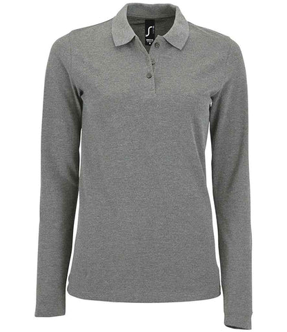 SOL'S Ladies Perfect Long Sleeve Piqué Polo Shirt in Grey Marl