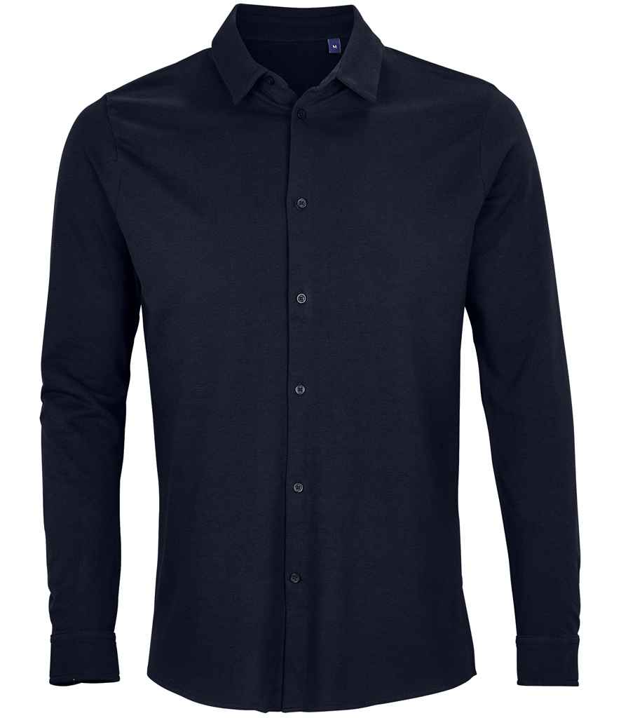 NEOBLU Basile Organic Cotton Long Sleeve Piqué Shirt in Night Blue