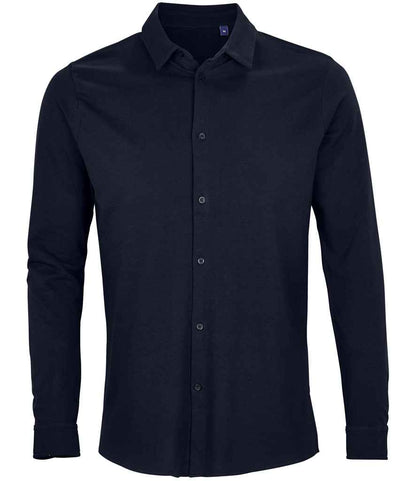 NEOBLU Basile Organic Cotton Long Sleeve Piqué Shirt in Night Blue
