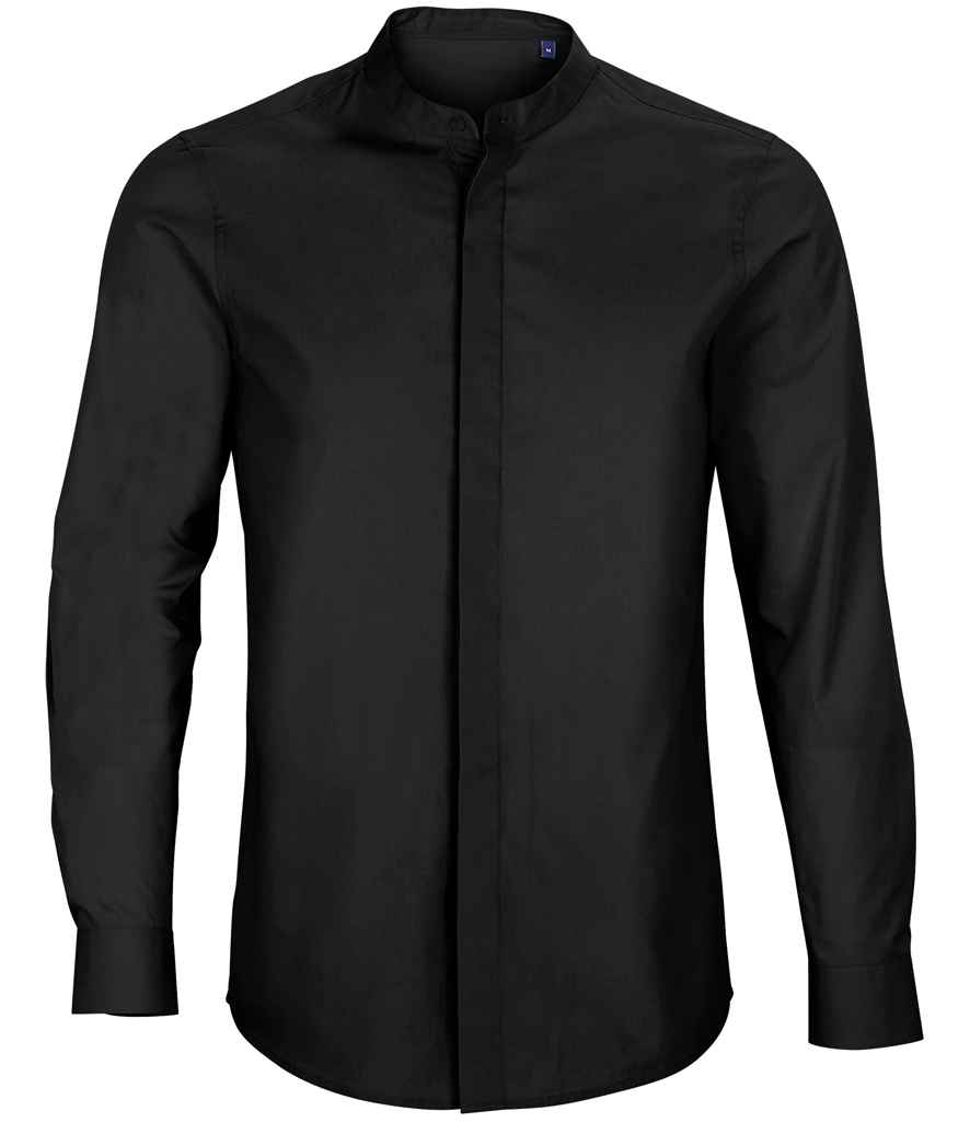 NEOBLU Bart Mao Collar Long Sleeve Poplin Shirt in Deep Black
