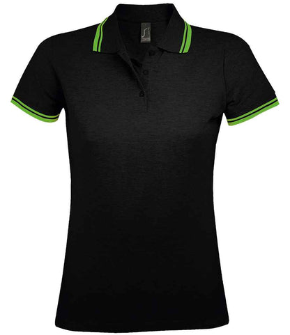 SOL'S Ladies Pasadena Tipped Cotton Piqué Polo Shirt in Black/Lime Green