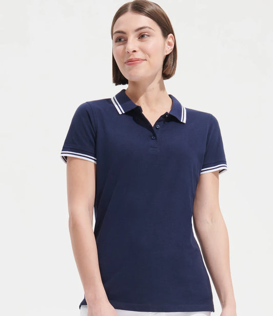 SOL'S Ladies Pasadena Tipped Cotton Piqué Polo Shirt - French Navy/White - Model