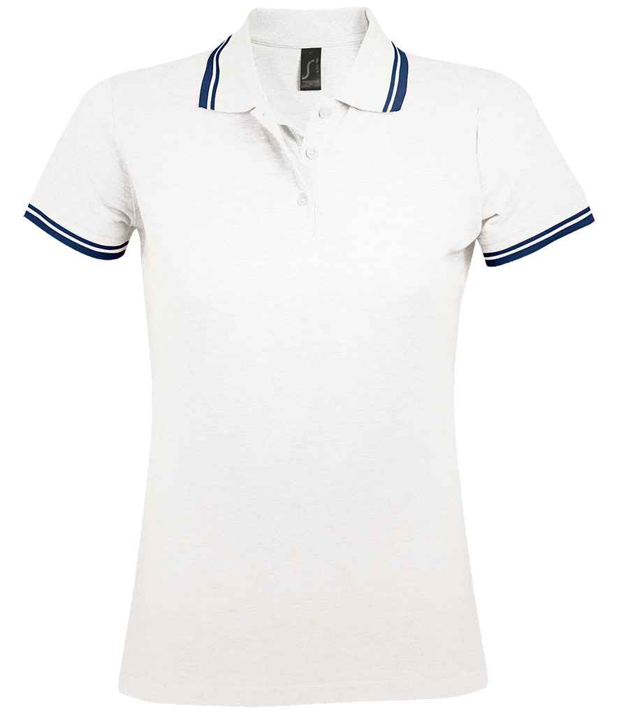SOL'S Ladies Pasadena Tipped Cotton Piqué Polo Shirt in White/Navy