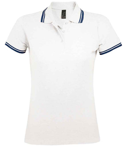 SOL'S Ladies Pasadena Tipped Cotton Piqué Polo Shirt in White/Navy