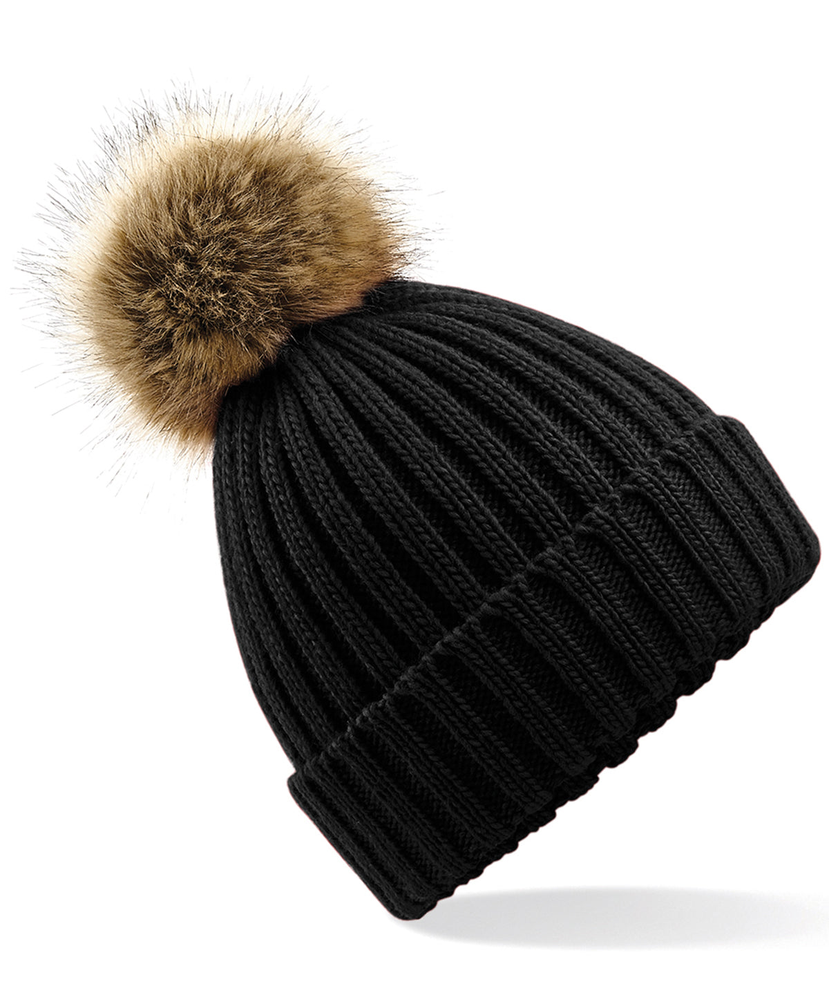 Beechfield Fur pop pom chunky beanie Black