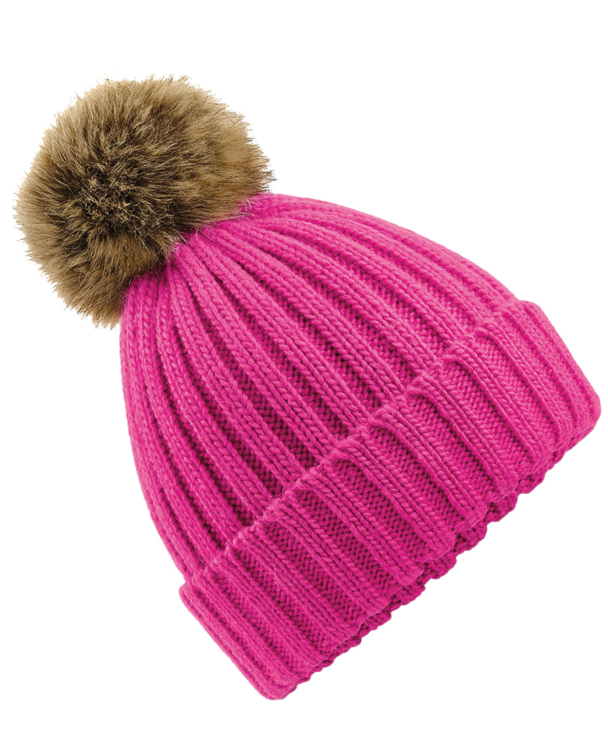 Beechfield Fur pop pom chunky beanie Fuchsia