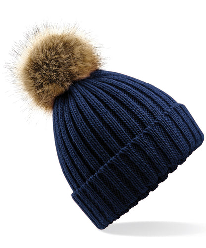 Beechfield Fur pop pom chunky beanie Navy