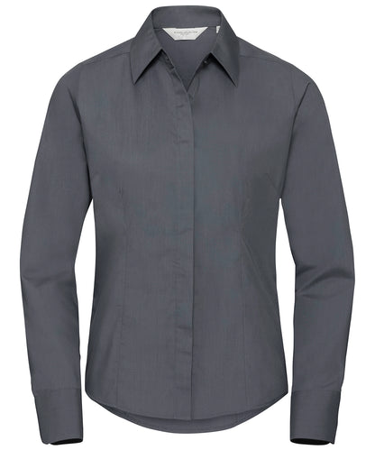 Russell Women's long sleeve polycotton easycare fitted poplin shirt Convoy Grey
