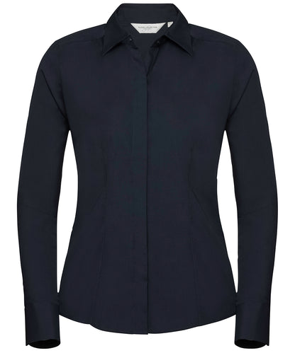 Russell Women's long sleeve polycotton easycare fitted poplin shirt French Navy