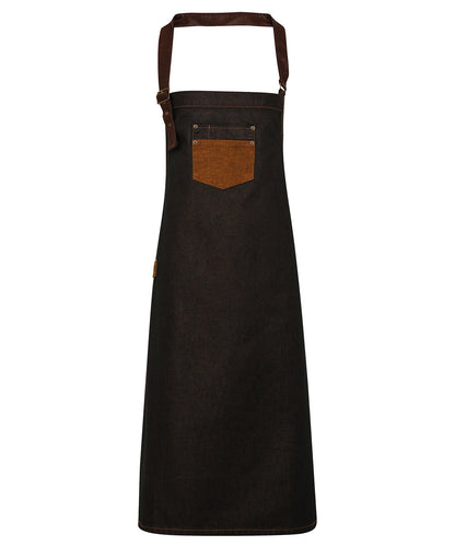 Premier Division waxed-look denim bib apron with faux leather Black/Tan Denim