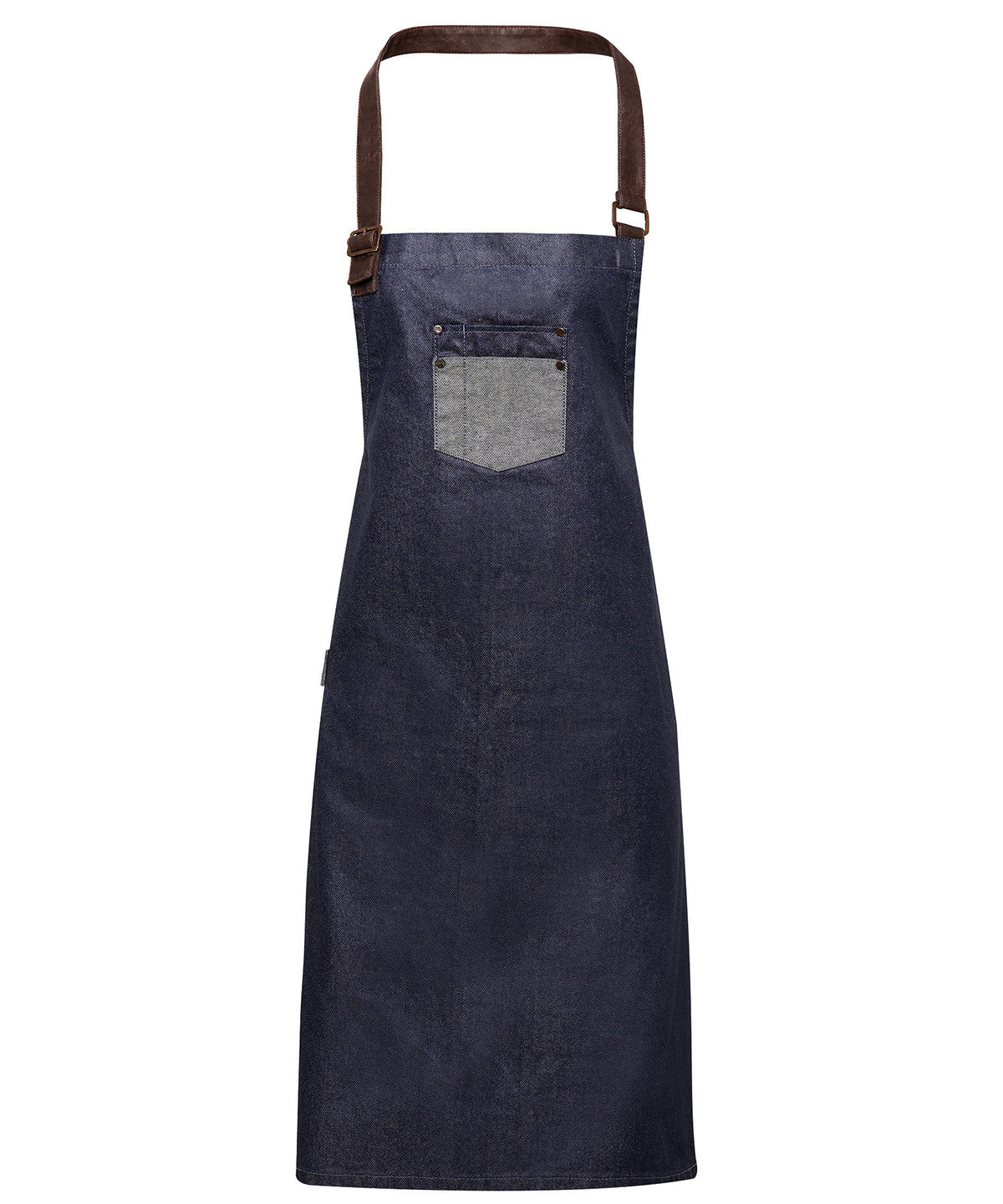 Premier Division waxed-look denim bib apron with faux leather Indigo Denim