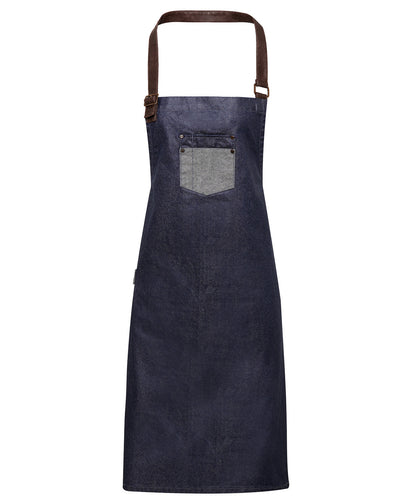 Premier Division waxed-look denim bib apron with faux leather Indigo Denim