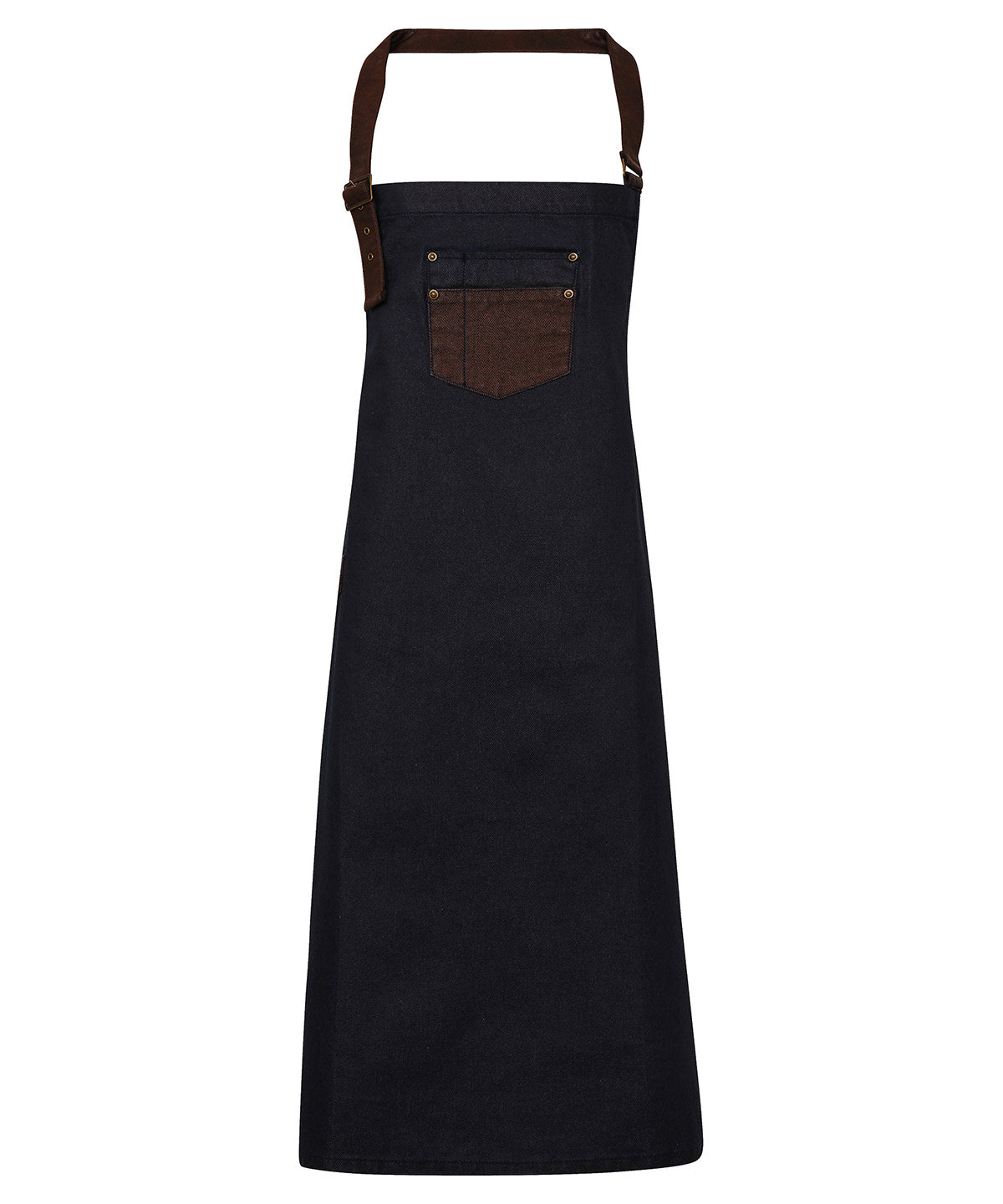 Premier Division waxed-look denim bib apron with faux leather Indigo/Brown Denim