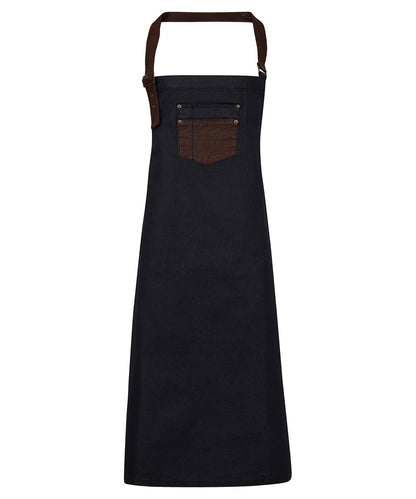 Premier Division waxed-look denim bib apron with faux leather Indigo/Brown Denim
