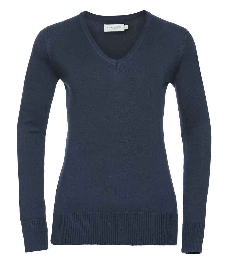 Russell Athletic Collection Ladies Cotton Acrylic V Neck Sweater in French Navy