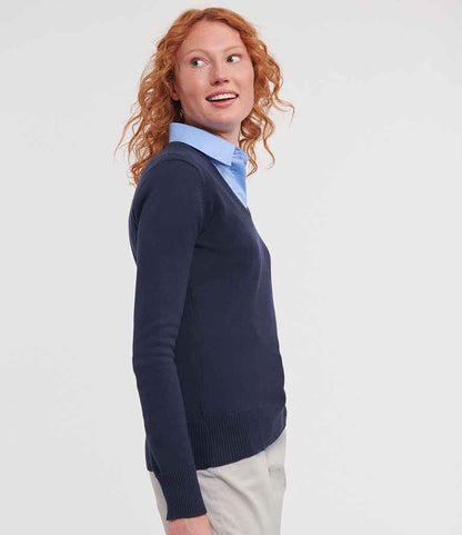 Russell Athletic Collection Ladies Cotton Acrylic V Neck Sweater - model image