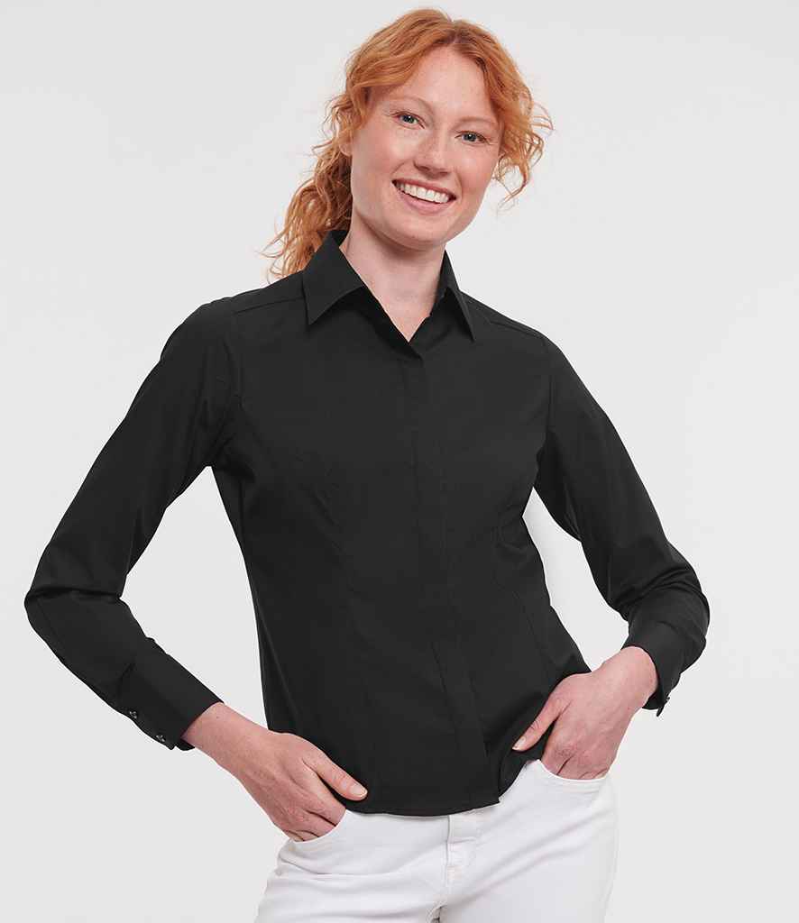 Russell Russell Athletic Collection Ladies Long Sleeve Fitted Poplin Shirt Black