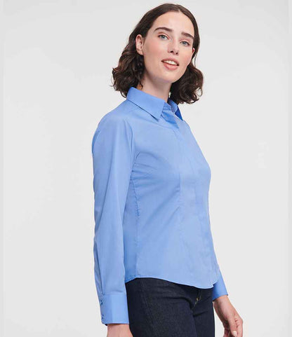 Russell Russell Athletic Collection Ladies Long Sleeve Fitted Poplin Shirt Corporate Blue