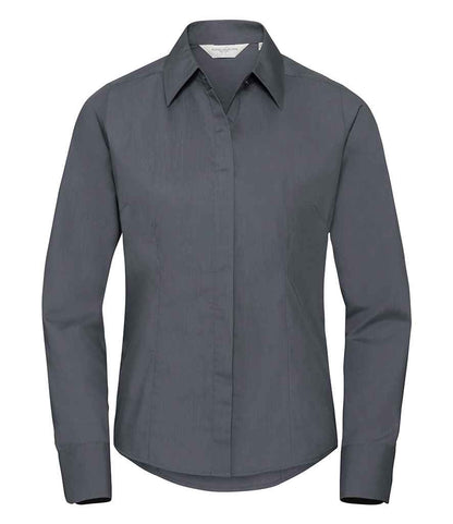 Russell Russell Athletic Collection Ladies Long Sleeve Fitted Poplin Shirt Convoy Grey