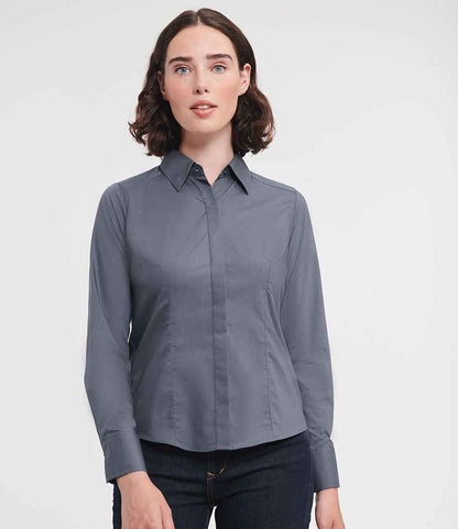 Russell Russell Athletic Collection Ladies Long Sleeve Fitted Poplin Shirt Convoy Grey