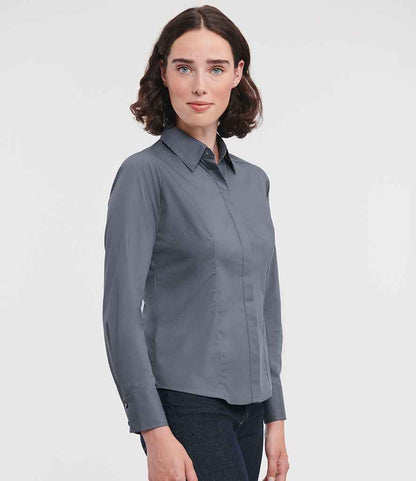 Russell Russell Athletic Collection Ladies Long Sleeve Fitted Poplin Shirt Convoy Grey