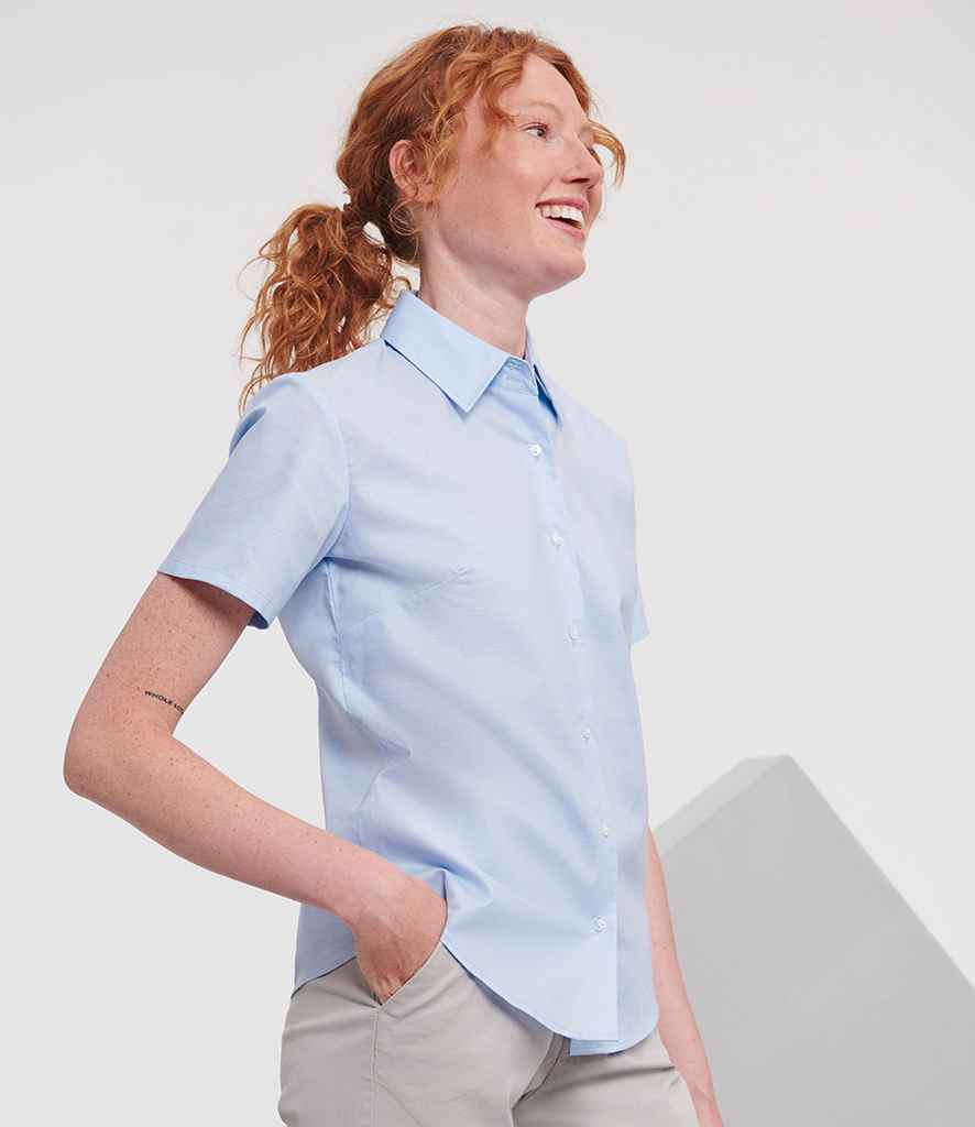 Russell Russell Athletic Collection Ladies Short Sleeve Easy Care Oxford Shirt Oxford Blue