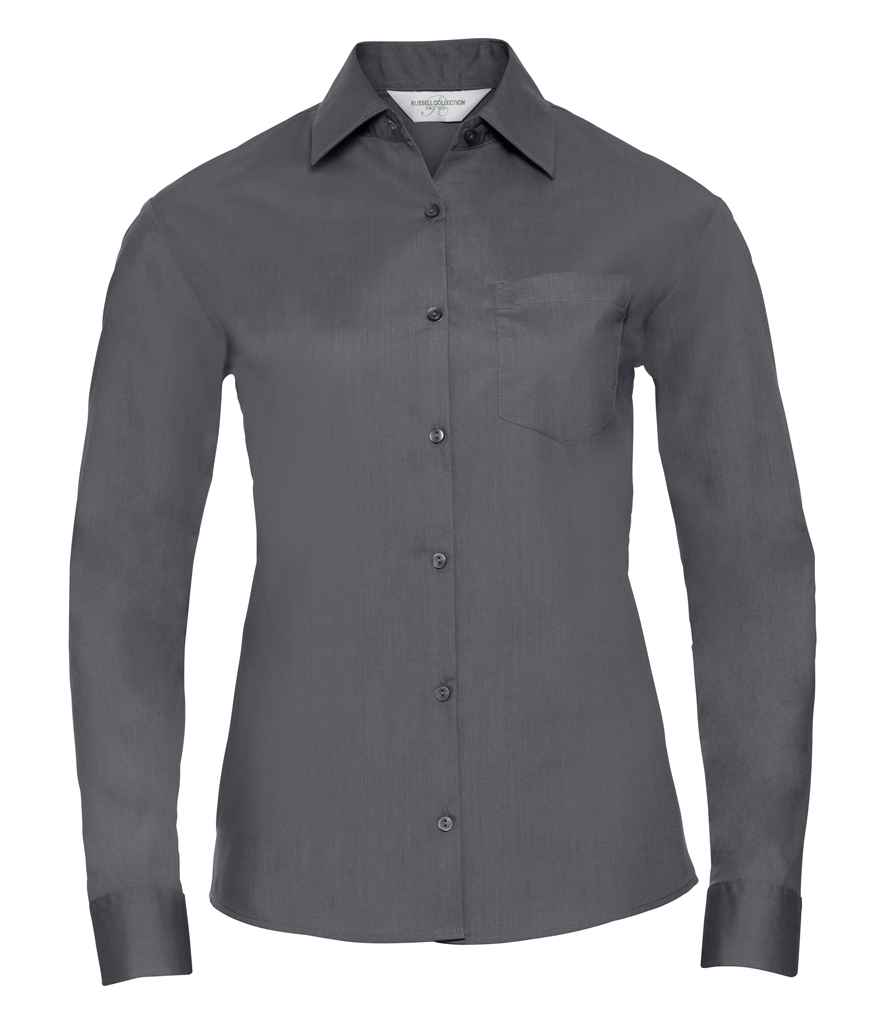 Russell Russell Athletic Collection Ladies Long Sleeve Easy Care Poplin Shirt Convoy Grey