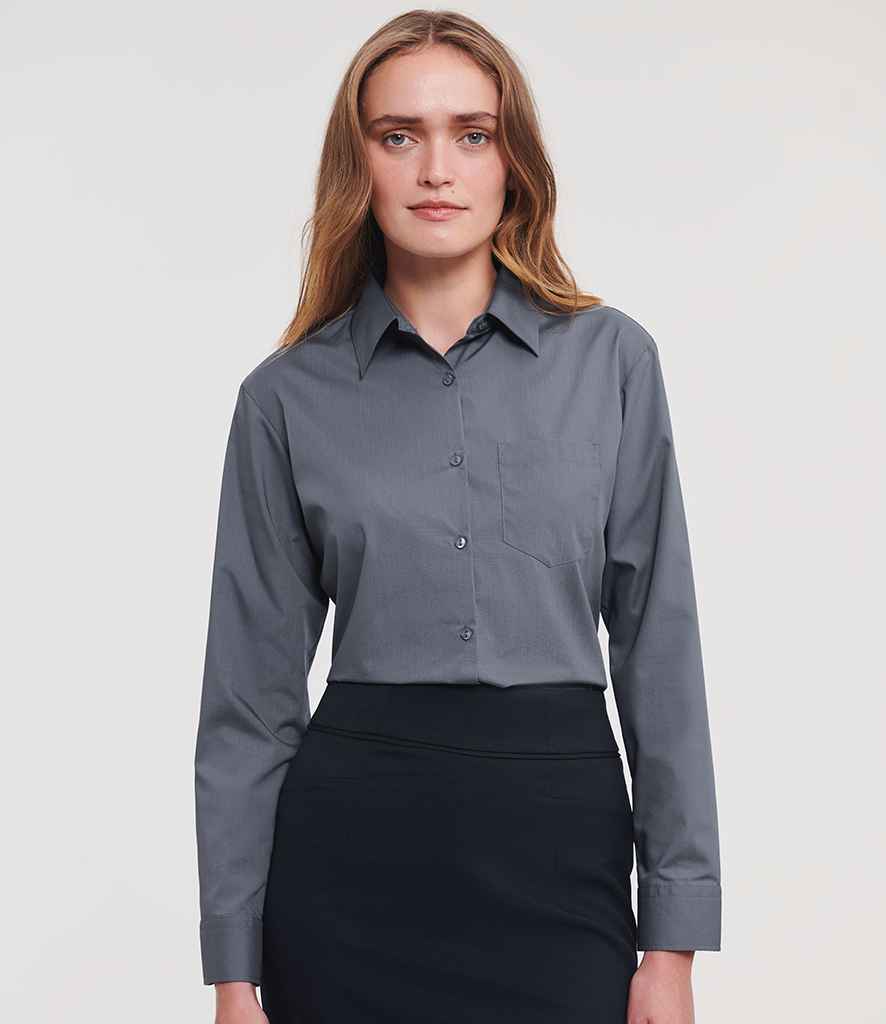 Russell Russell Athletic Collection Ladies Long Sleeve Easy Care Poplin Shirt Convoy Grey