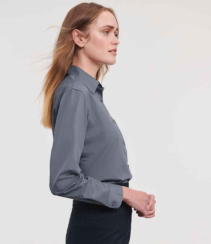 Russell Russell Athletic Collection Ladies Long Sleeve Easy Care Poplin Shirt Convoy Grey