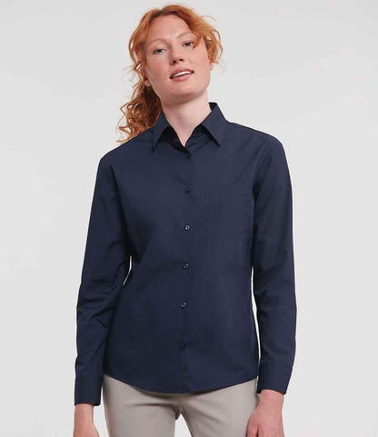 Russell Russell Athletic Collection Ladies Long Sleeve Easy Care Poplin Shirt French Navy