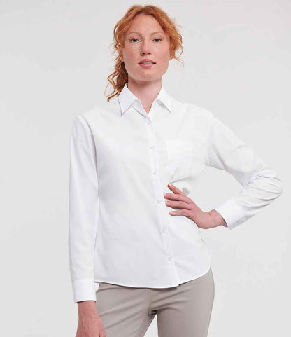 Russell Russell Athletic Collection Ladies Long Sleeve Easy Care Poplin Shirt White
