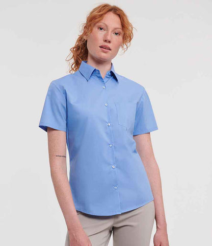 Russell Russell Athletic Collection Ladies Short Sleeve Easy Care Poplin Shirt Corporate Blue