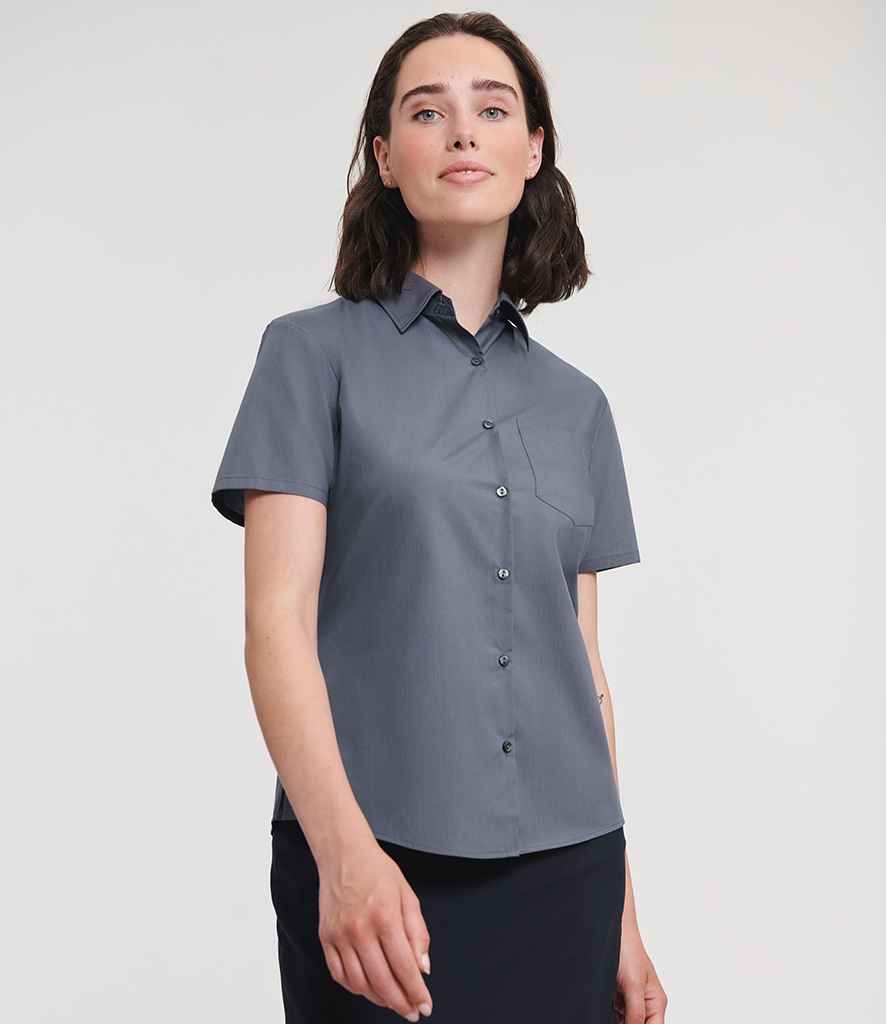 Russell Russell Athletic Collection Ladies Short Sleeve Easy Care Poplin Shirt Convoy Grey