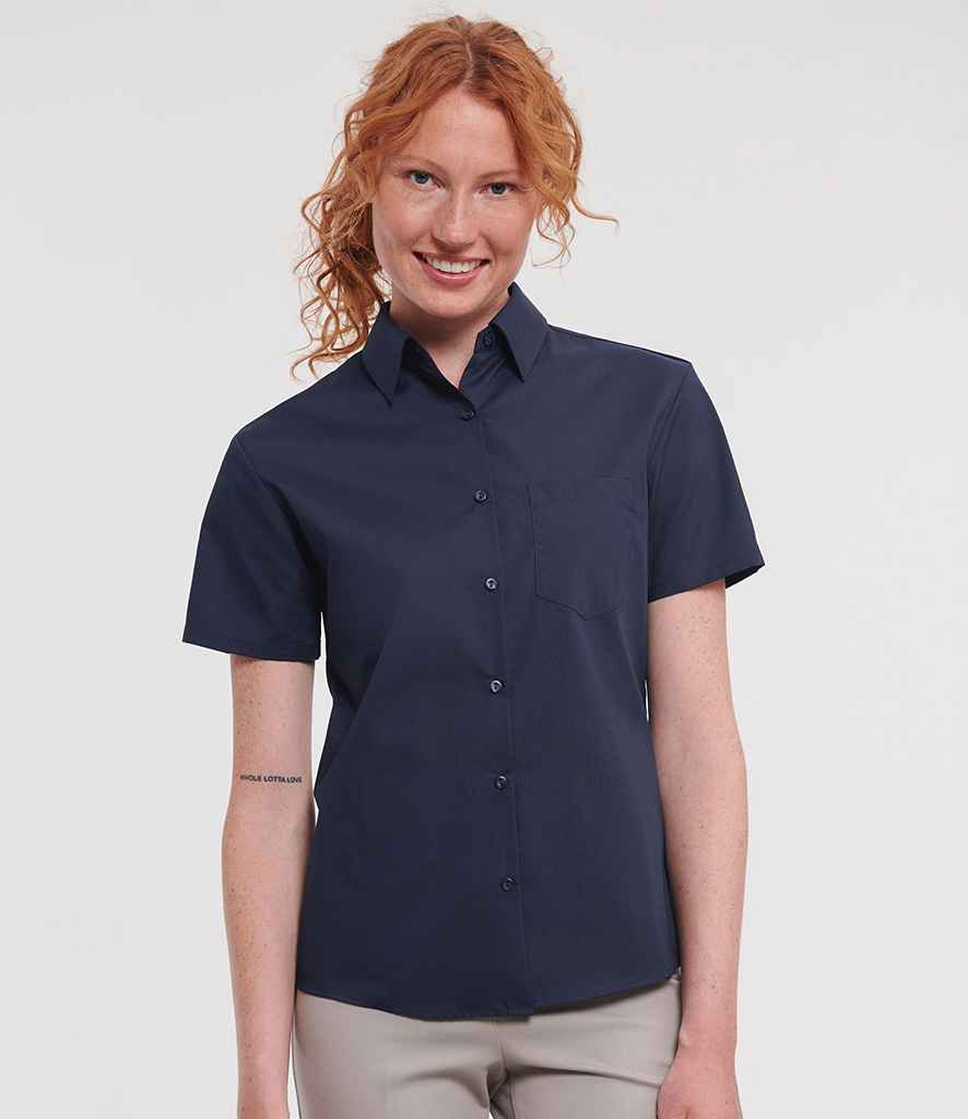 Russell Russell Athletic Collection Ladies Short Sleeve Easy Care Poplin Shirt French Navy