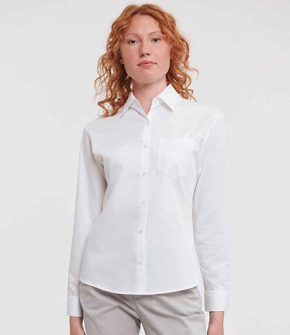 Russell Russell Athletic Collection Ladies Long Sleeve Easy Care Cotton Poplin Shirt White