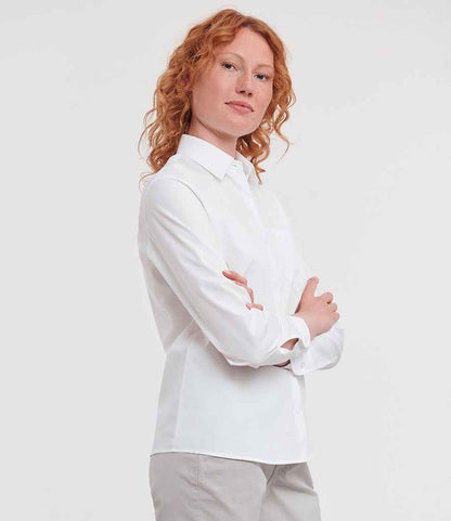 Russell Russell Athletic Collection Ladies Long Sleeve Easy Care Cotton Poplin Shirt White