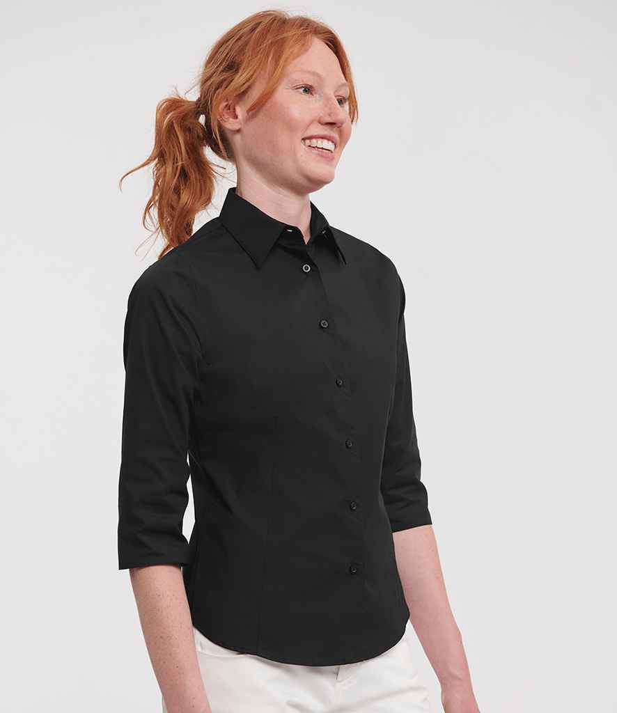 Russell Russell Athletic Collection Ladies 3/4 Sleeve Easy Care Fitted Shirt Black