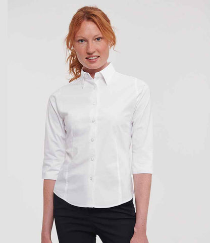 Russell Russell Athletic Collection Ladies 3/4 Sleeve Easy Care Fitted Shirt White
