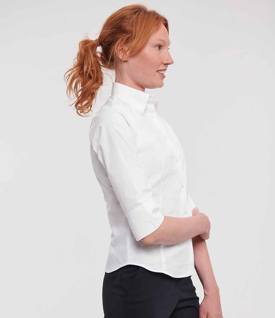 Russell Russell Athletic Collection Ladies 3/4 Sleeve Easy Care Fitted Shirt White
