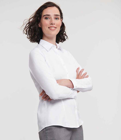 Russell Russell Athletic Collection Ladies Long Sleeve Herringbone Shirt White