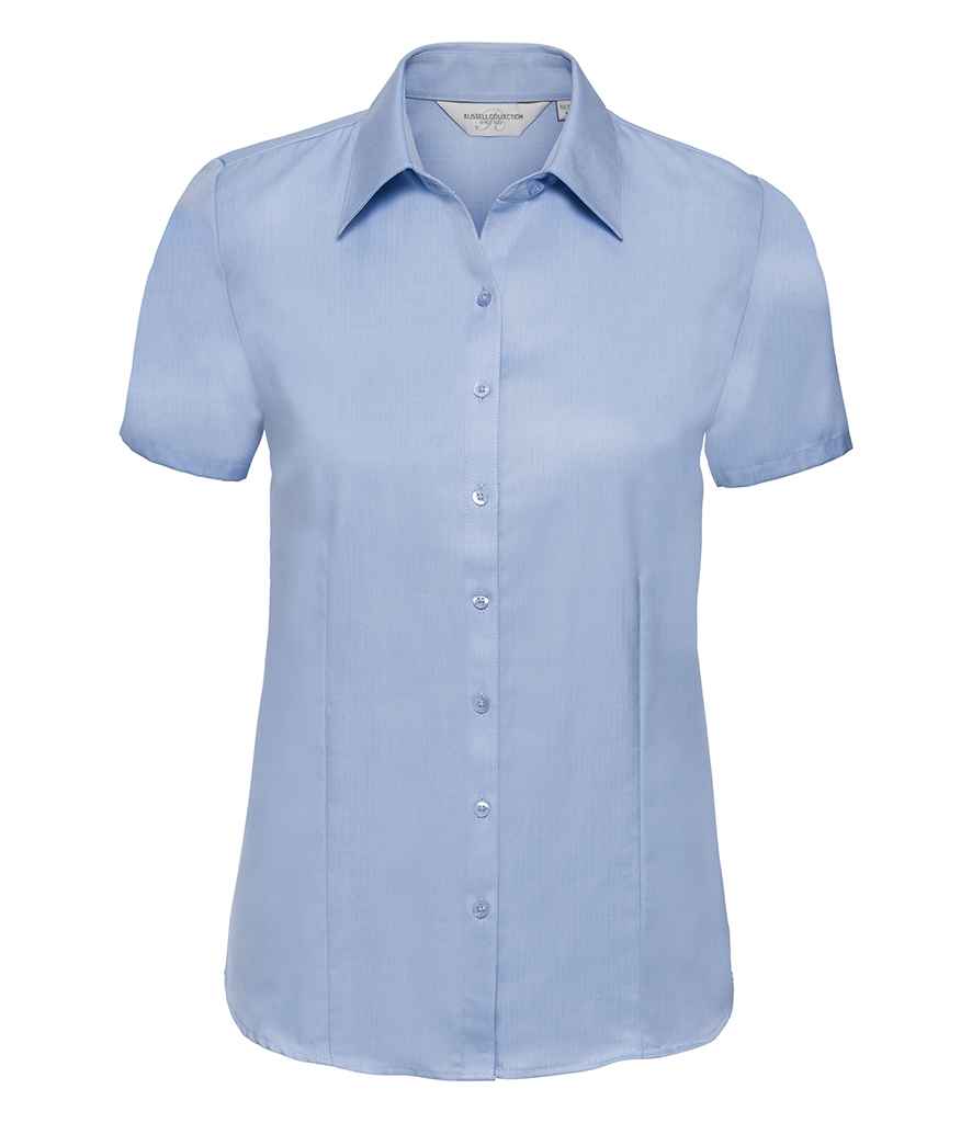 Russell Russell Athletic Collection Ladies Short Sleeve Herringbone Shirt Light Blue