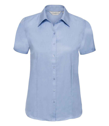 Russell Russell Athletic Collection Ladies Short Sleeve Herringbone Shirt Light Blue