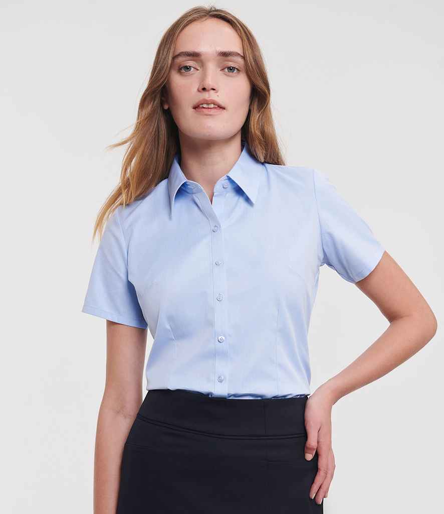 Russell Russell Athletic Collection Ladies Short Sleeve Herringbone Shirt Light Blue